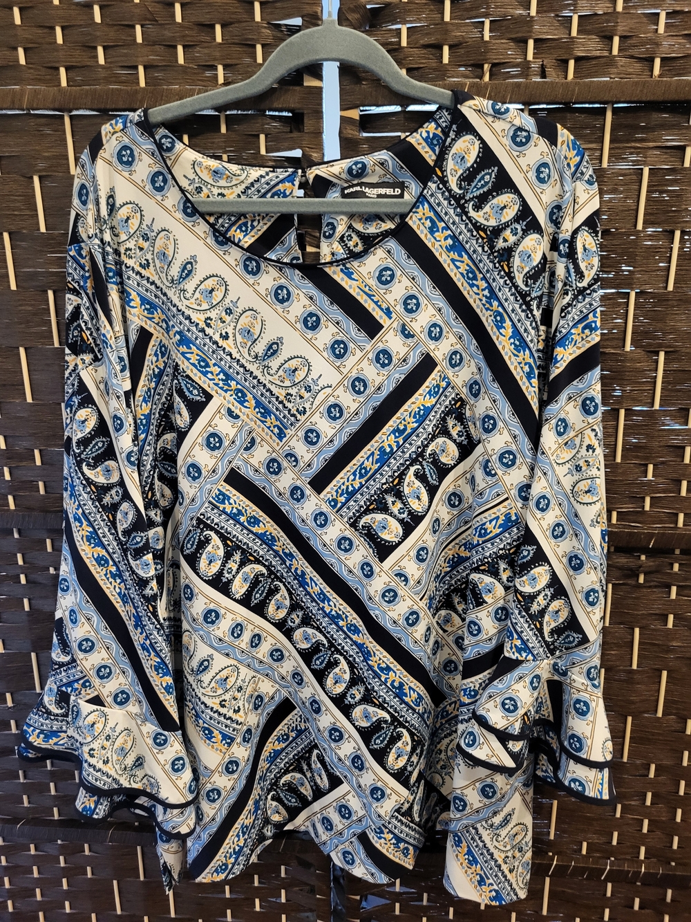 Karl Lagerfeld Navy, Cream & Black Paisley Stripe Blouse
